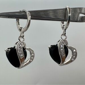 New Silver Plated Black Heart Drop Earrings with CZ Accents